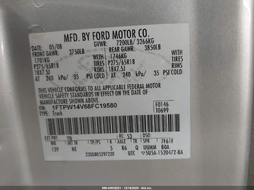 2008 Ford F-150 60Th Anniversary/Fx4/King Ranch/Lariat/Xlt VIN: 1FTPW14V68FC19580 Lot: 43935221