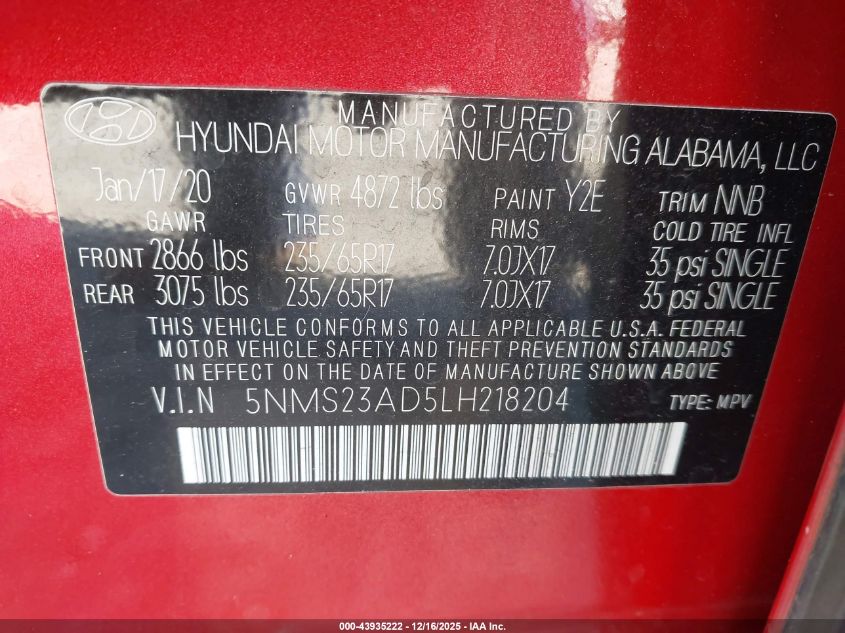 2020 Hyundai Santa Fe Se VIN: 5NMS23AD5LH218204 Lot: 43935222