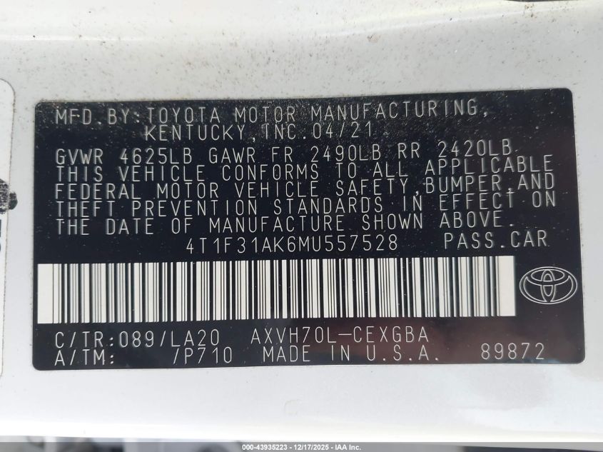 2021 Toyota Camry Xle Hybrid VIN: 4T1F31AK6MU557528 Lot: 43935223