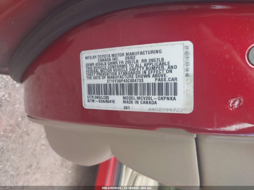 2003 Toyota Camry Solara Sle V6 VIN: 2T1FF28P43C604733 Lot: 43935225