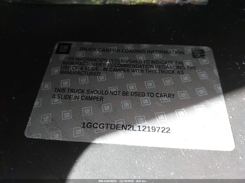 2020 Chevrolet Colorado 4Wd Short Box Z71 VIN: 1GCGTDEN2L1219722 Lot: 43935233