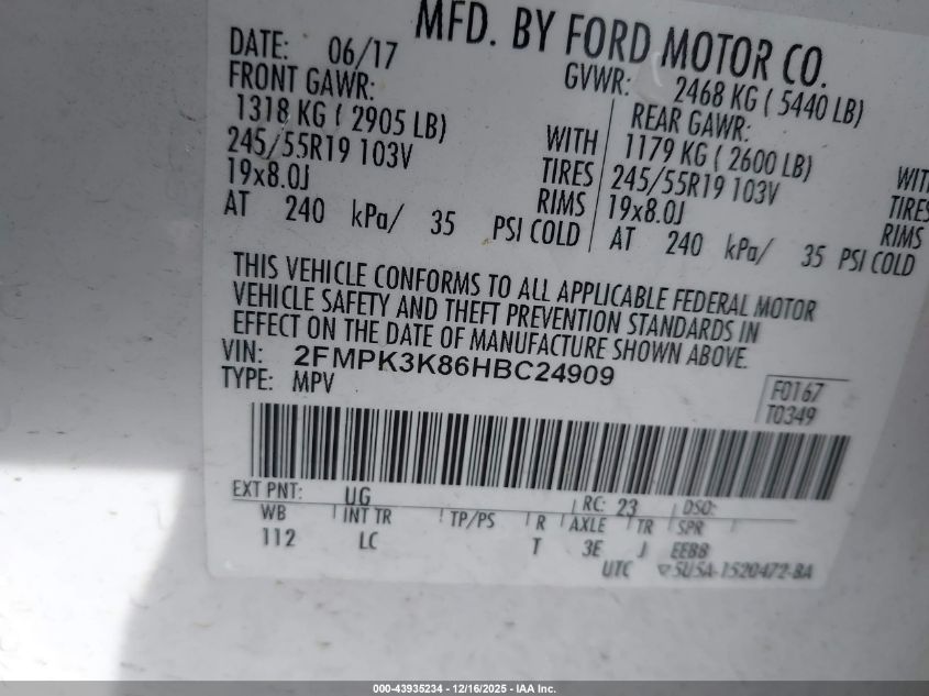 2017 Ford Edge Titanium VIN: 2FMPK3K86HBC24909 Lot: 43935234