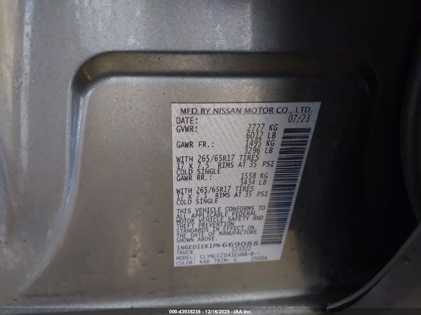 2023 Nissan Frontier Sv 4X4 VIN: 1N6ED1EK1PN669088 Lot: 43935236