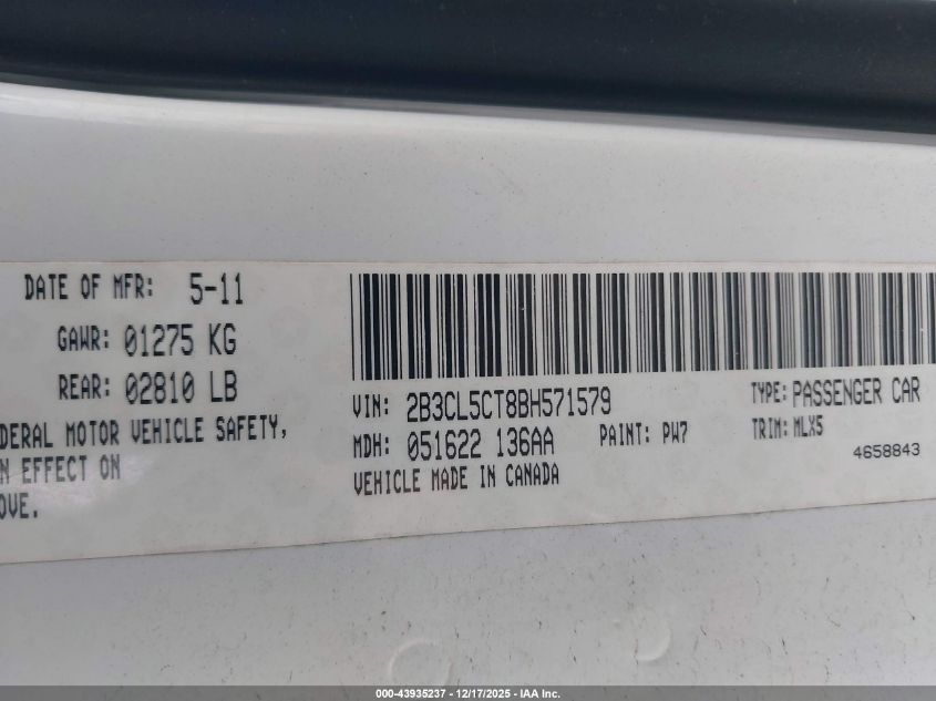 2011 Dodge Charger R/T VIN: 2B3CL5CT8BH571579 Lot: 43935237