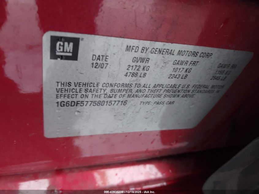 2008 Cadillac Cts Standard VIN: 1G6DF577580157716 Lot: 43935239