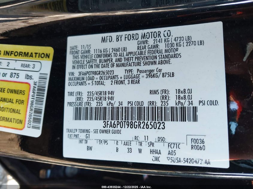 2016 Ford Fusion Se VIN: 3FA6P0T98GR265023 Lot: 43935244