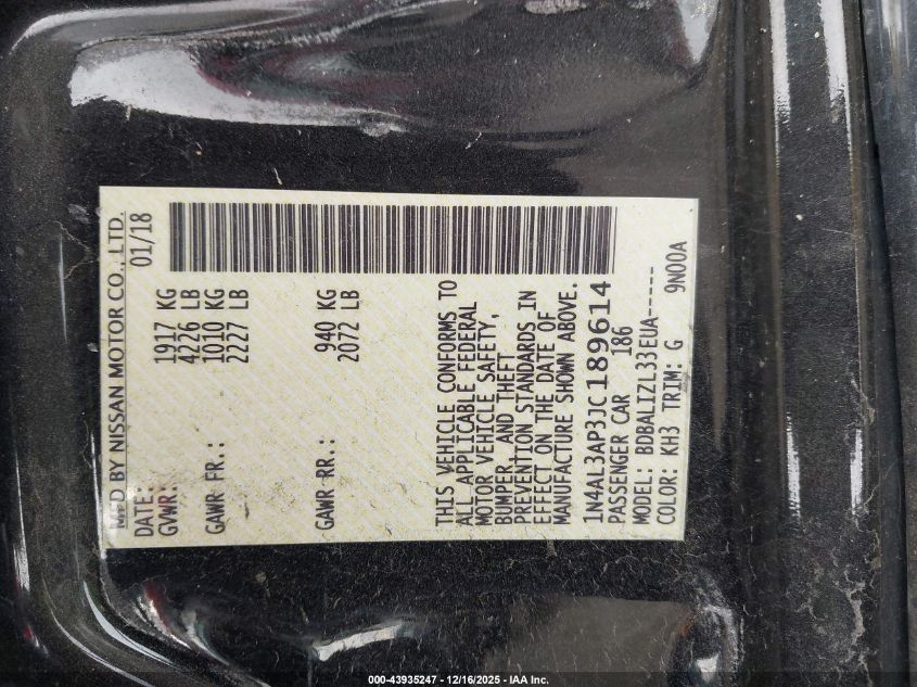 2018 Nissan Altima 2.5 Sv VIN: 1N4AL3AP3JC189614 Lot: 43935247