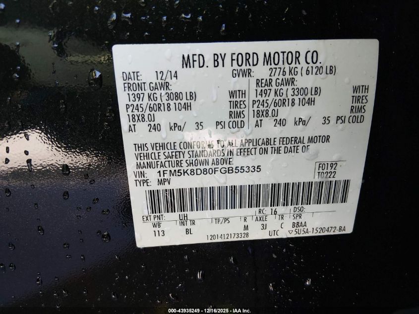 2015 Ford Explorer Xlt VIN: 1FM5K8D80FGB55335 Lot: 43935249