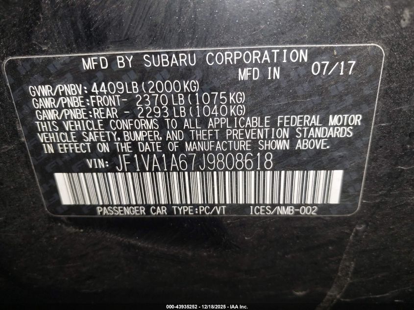 2018 Subaru Wrx VIN: JF1VA1A67J9808618 Lot: 43935252