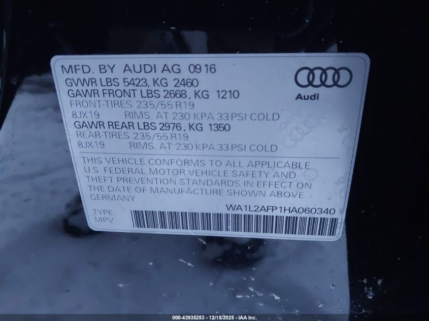 2017 Audi Q5 2.0T Premium VIN: WA1L2AFP1HA060340 Lot: 43935253