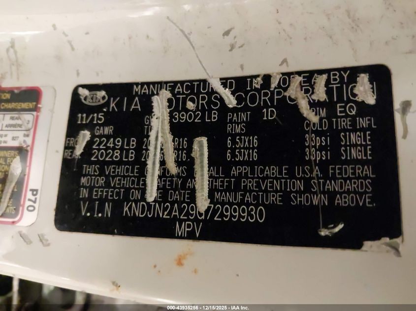 2016 Kia Soul VIN: KNDJN2A29G7299930 Lot: 43935256