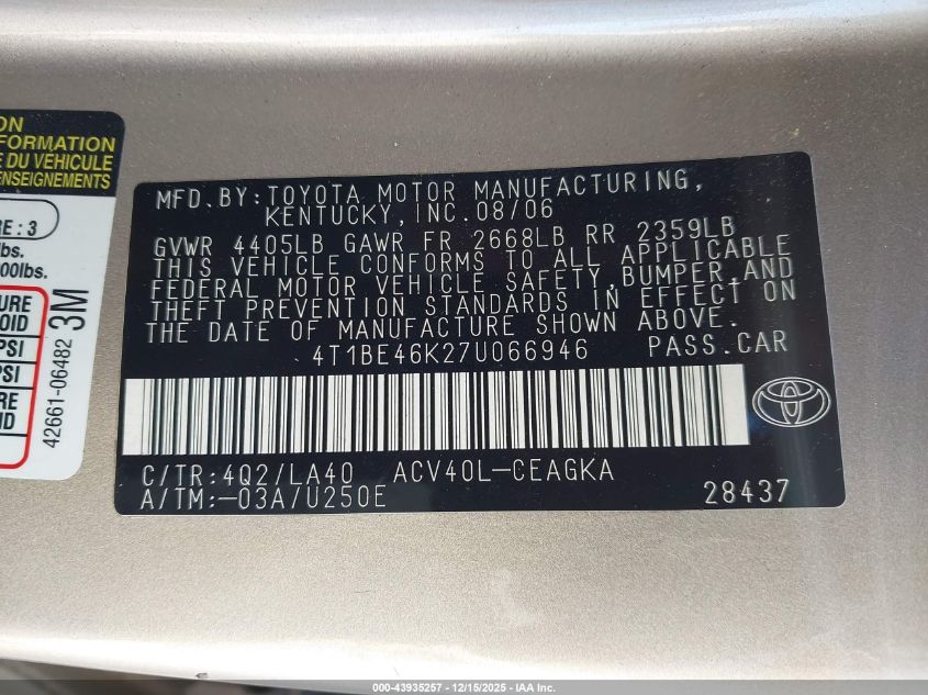 2007 Toyota Camry Xle VIN: 4T1BE46K27U066946 Lot: 43935257