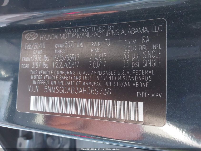 2010 Hyundai Santa Fe Gls VIN: 5NMSGDAB3AH369738 Lot: 43935259