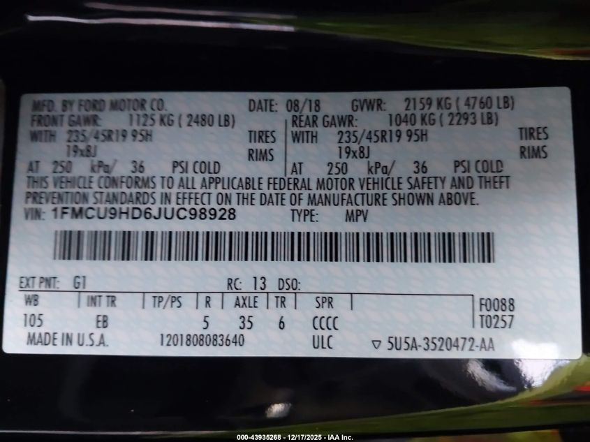 2018 Ford Escape Sel VIN: 1FMCU9HD6JUC98928 Lot: 43935268