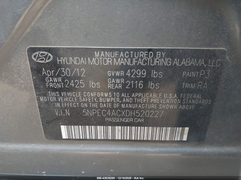 2013 Hyundai Sonata Se VIN: 5NPEC4ACXDH520227 Lot: 43935280