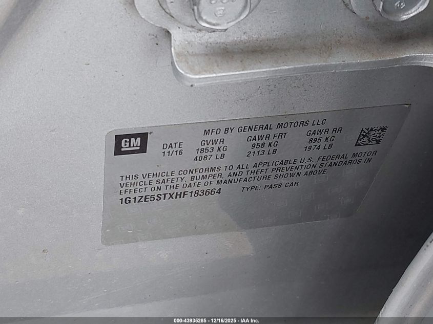 2017 Chevrolet Malibu 1Lt VIN: 1G1ZE5STXHF183664 Lot: 43935285