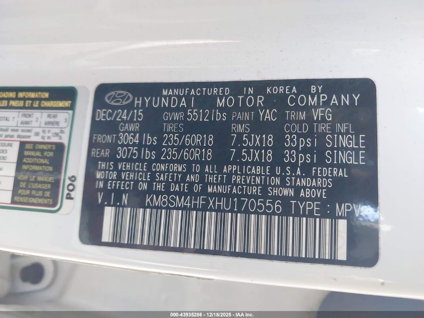 2017 Hyundai Santa Fe Se VIN: KM8SM4HFXHU170556 Lot: 43935286