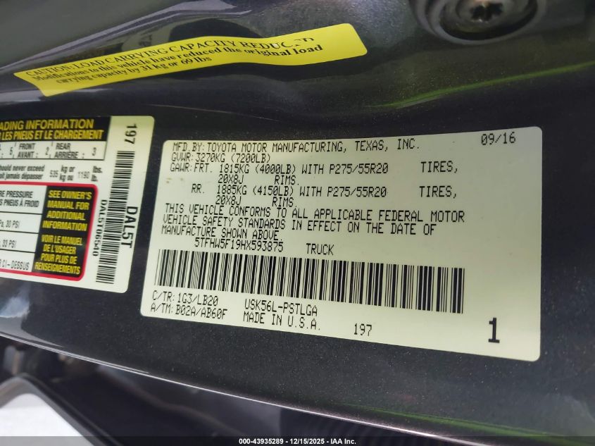 2017 Toyota Tundra Limited 5.7L V8 VIN: 5TFHW5F19HX593875 Lot: 43935289