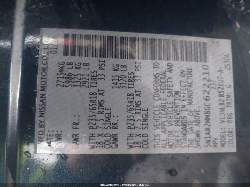 2016 Nissan Pathfinder S VIN: 5N1AR2MM8GC622210 Lot: 43935290