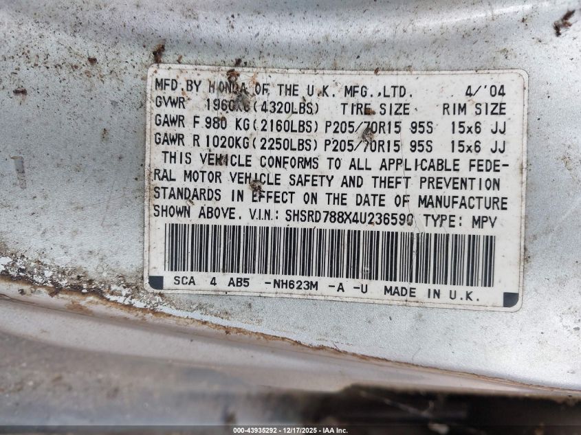 2004 Honda Cr-V Ex VIN: SHSRD788X4U236590 Lot: 43935292