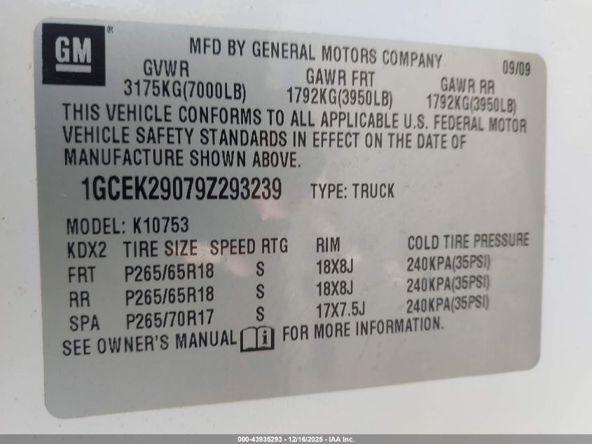 2009 Chevrolet Silverado 1500 Lt VIN: 1GCEK29079Z293239 Lot: 43935293
