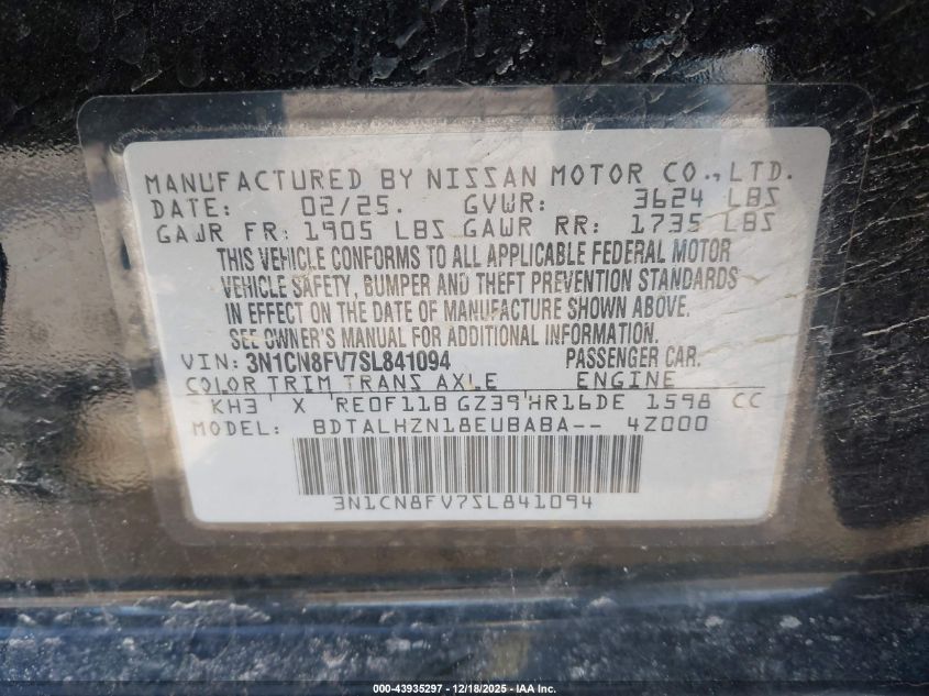 2025 Nissan Versa 1.6 Sr VIN: 3N1CN8FV7SL841094 Lot: 43935297