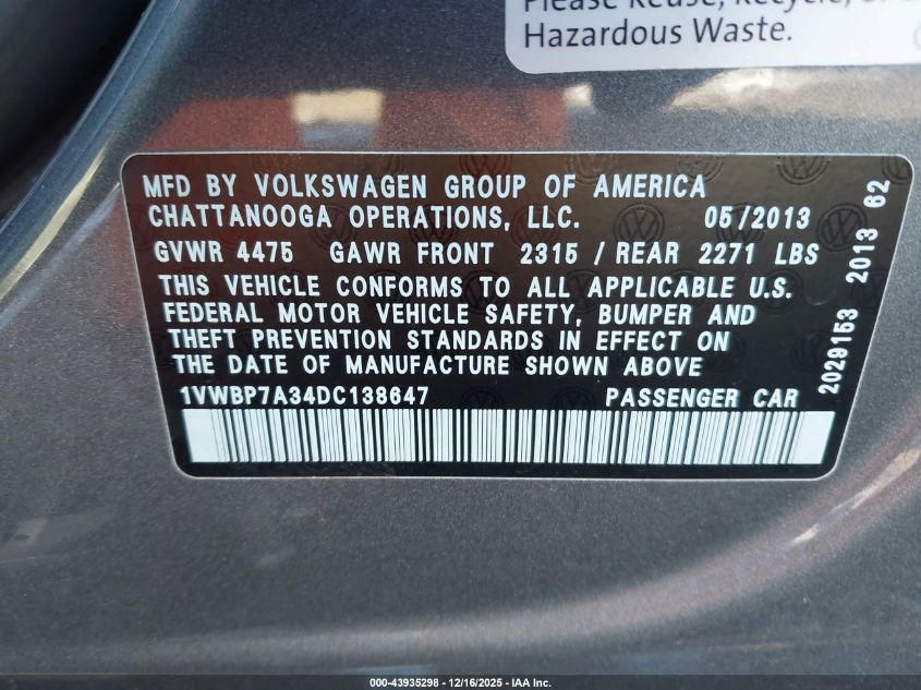 2013 Volkswagen Passat 2.5L Se VIN: 1VWBP7A34DC138647 Lot: 43935298