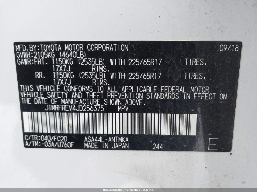 2018 Toyota Rav4 Xle VIN: JTMRFREV4JD256375 Lot: 43935300