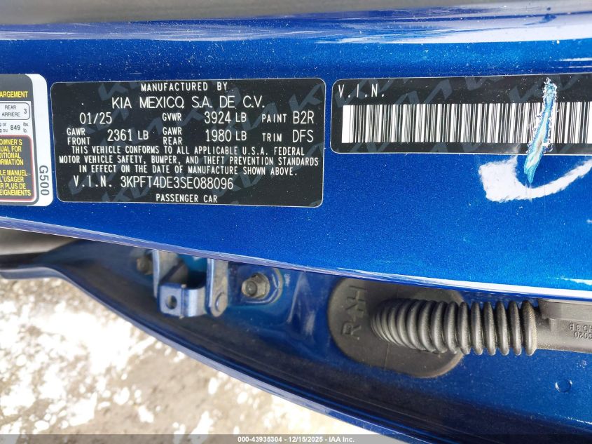 2025 Kia K4 Lxs VIN: 3KPFT4DE3SE088096 Lot: 43935304