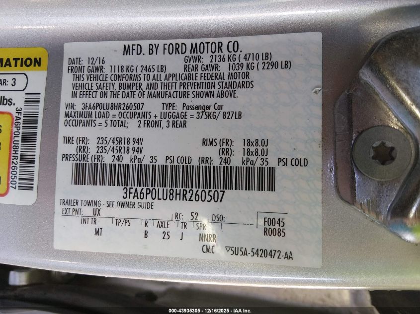 2017 Ford Fusion Hybrid Se VIN: 3FA6P0LU8HR260507 Lot: 43935305