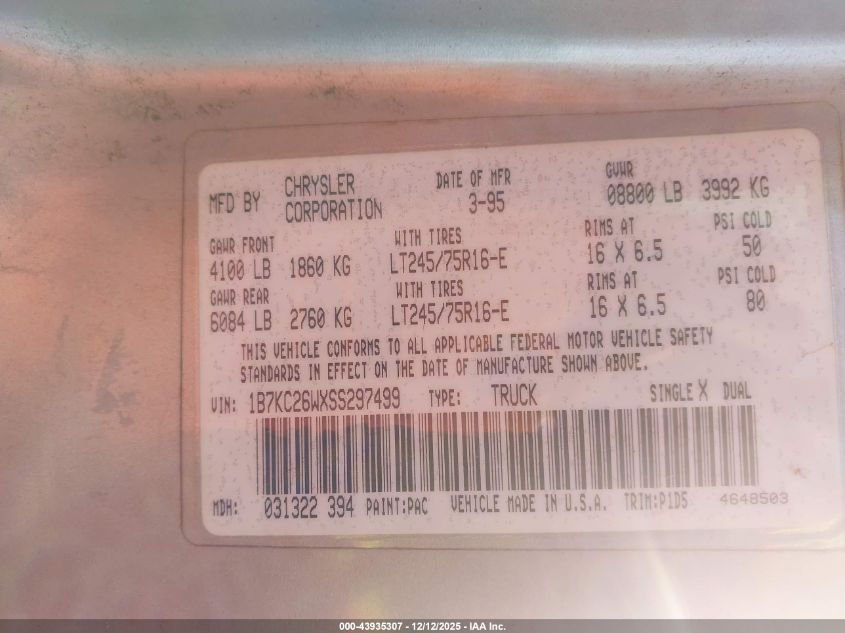1995 Dodge Ram 2500 VIN: 1B7KC26WXSS297499 Lot: 43935307