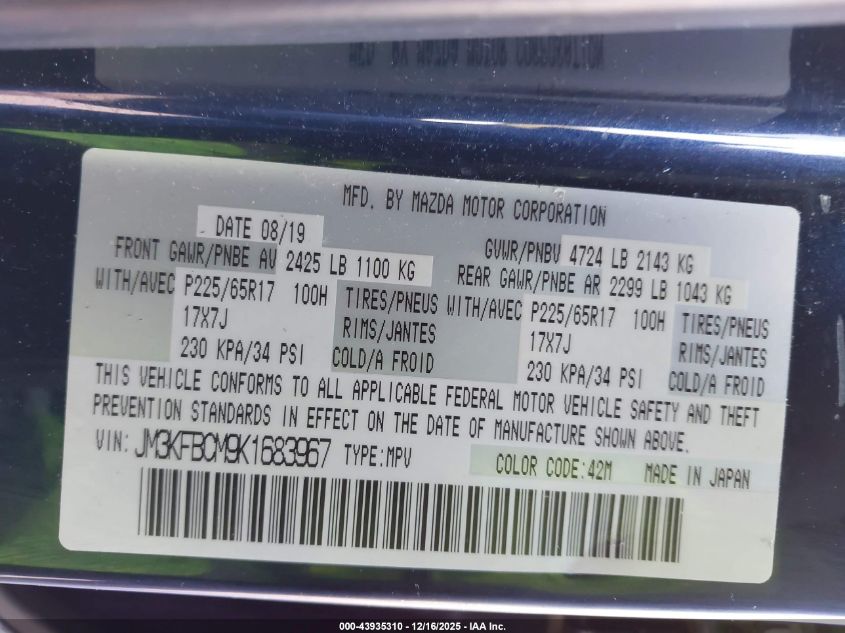 2019 Mazda Cx-5 Touring VIN: JM3KFBCM9K1683967 Lot: 43935310