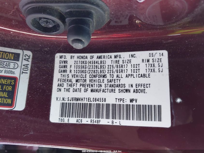 2014 Honda Cr-V Ex-L VIN: 5J6RM4H71EL084558 Lot: 43935313