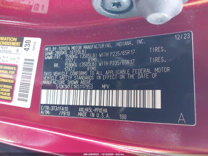 2024 Toyota Sienna Le VIN: 5TDKSKFC1RS117953 Lot: 43935321