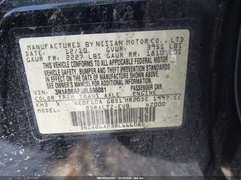 2011 Nissan Sentra 2.0S VIN: 3N1AB6AP3BL666081 Lot: 43935326