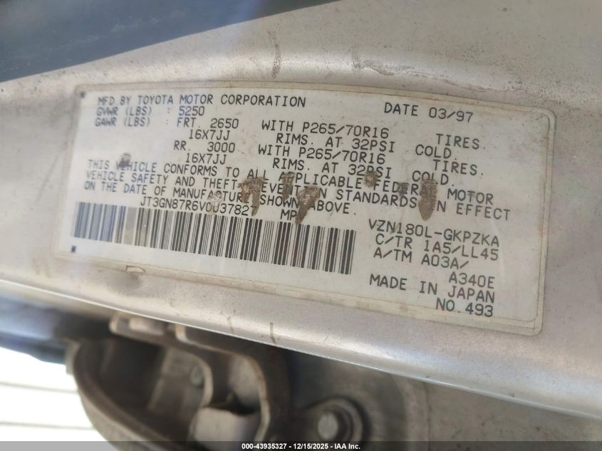 1997 Toyota 4Runner Sr5 V6 Limited VIN: JT3GN87R6V0037827 Lot: 43935327