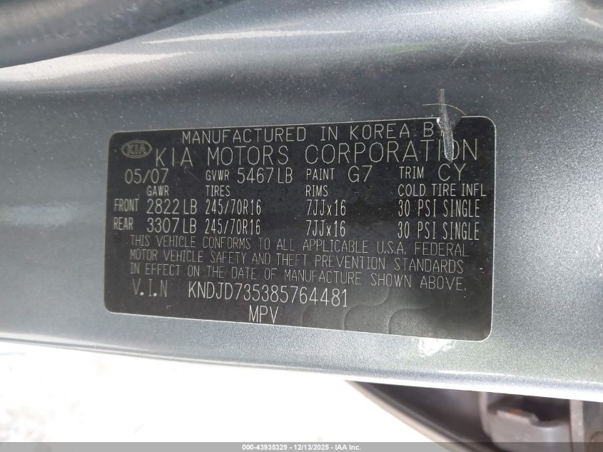 2008 Kia Sorento Lx VIN: KNDJD735385764481 Lot: 43935329