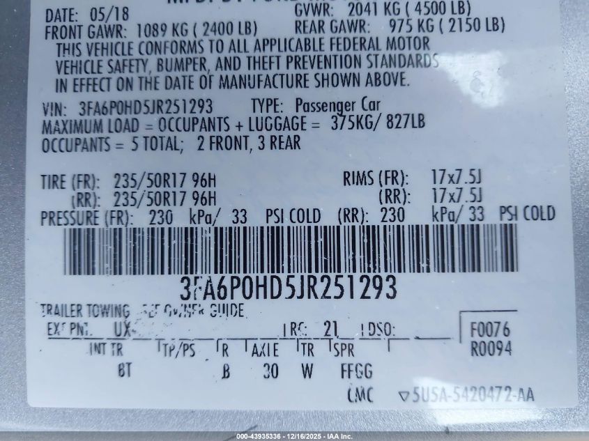 2018 Ford Fusion Se VIN: 3FA6P0HD5JR251293 Lot: 43935336