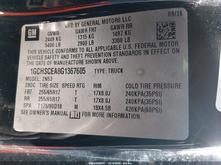 2016 Chevrolet Colorado Lt VIN: 1GCHSCEA8G1367605 Lot: 43935337