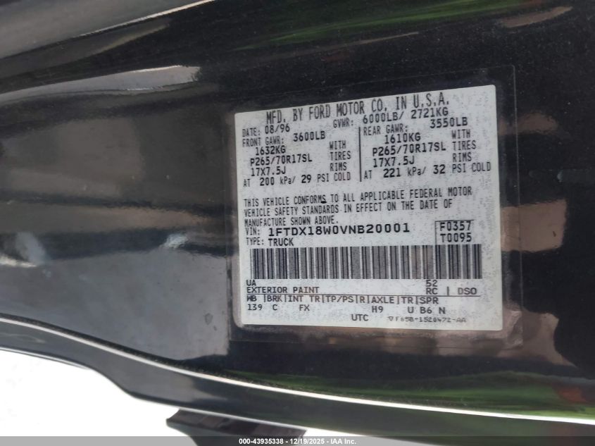 1997 Ford F-150 Lariat/Xl/Xlt VIN: 1FTDX18W0VNB20001 Lot: 43935338