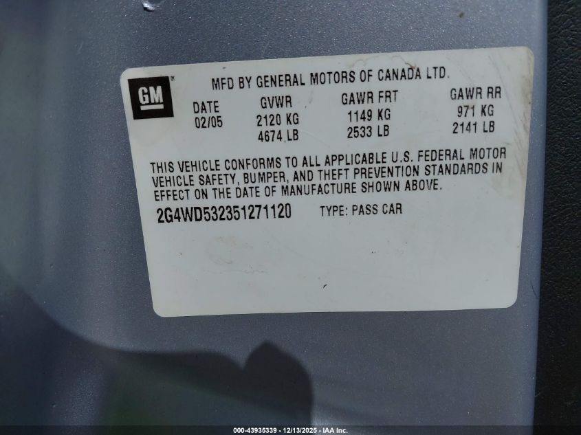 2005 Buick Lacrosse Cxl VIN: 2G4WD532351271120 Lot: 43935339