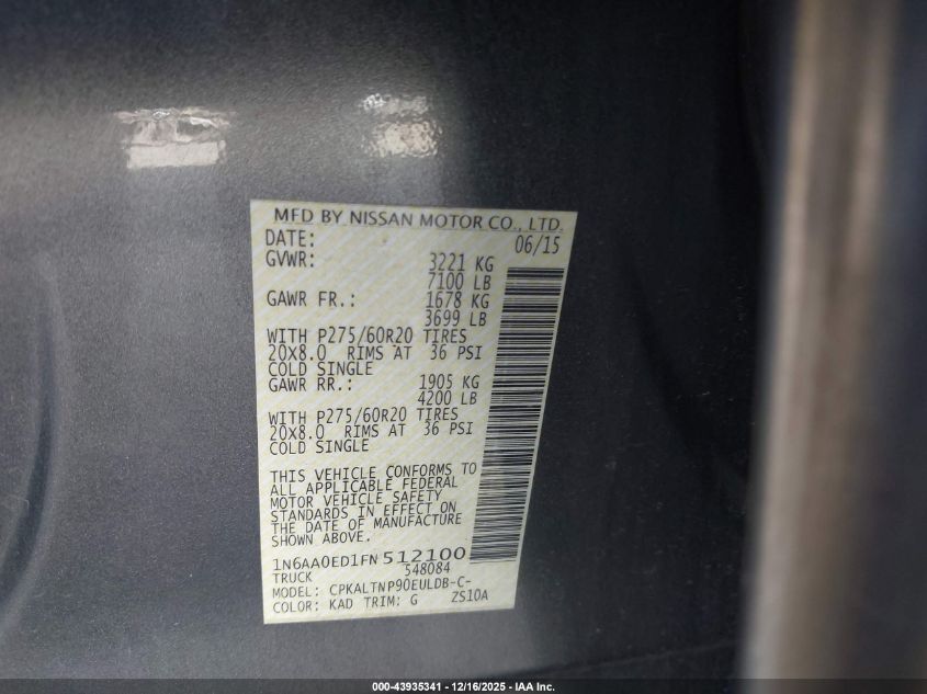 2015 Nissan Titan Sv VIN: 1N6AA0ED1FN512100 Lot: 43935341