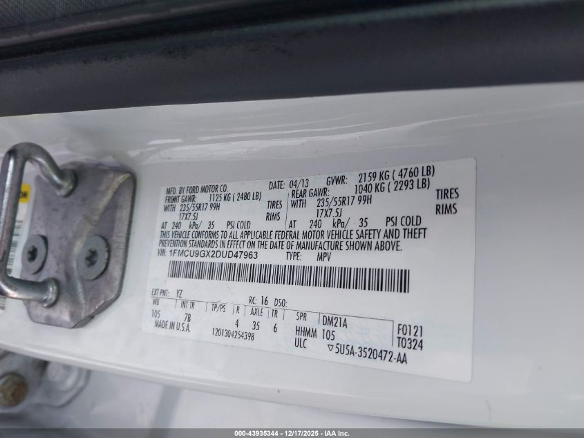 2013 Ford Escape Se VIN: 1FMCU9GX2DUD47963 Lot: 43935344