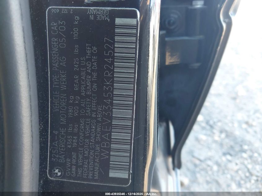 2003 BMW 325I VIN: WBAEV33453KR24527 Lot: 43935346