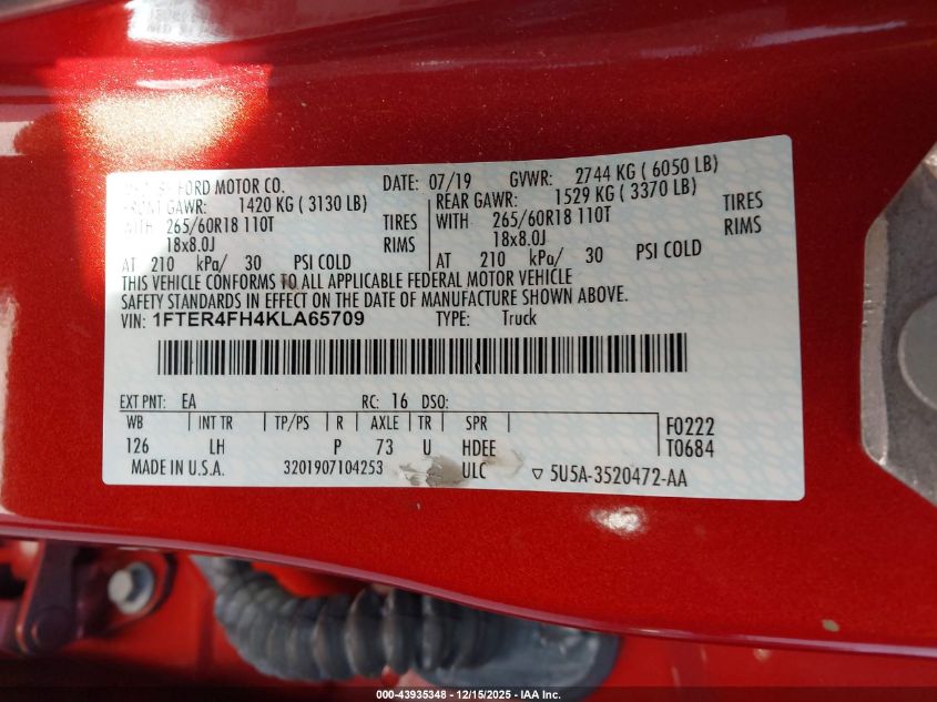 2019 Ford Ranger Xlt VIN: 1FTER4FH4KLA65709 Lot: 43935348