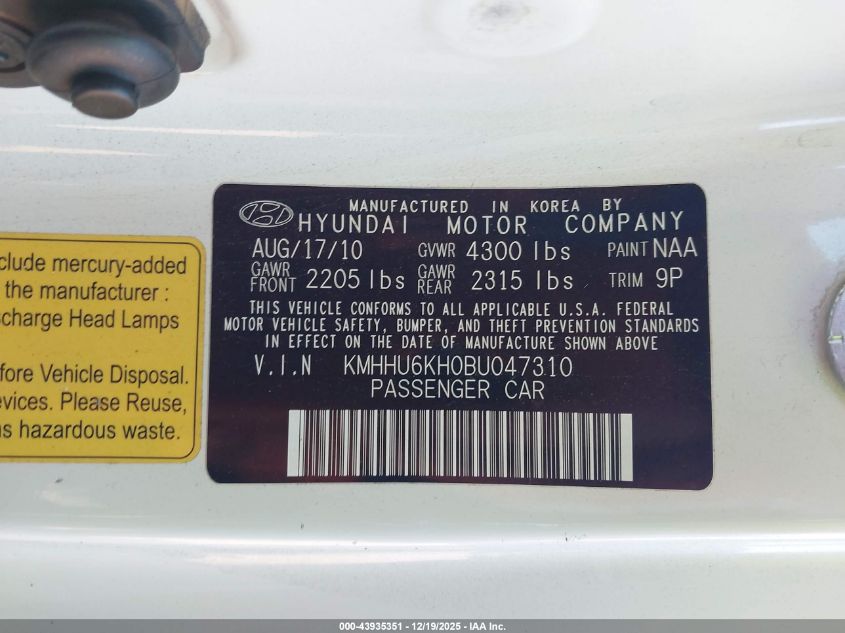 2011 Hyundai Genesis 3.8 Track VIN: KMHHU6KH0BU047310 Lot: 43935351