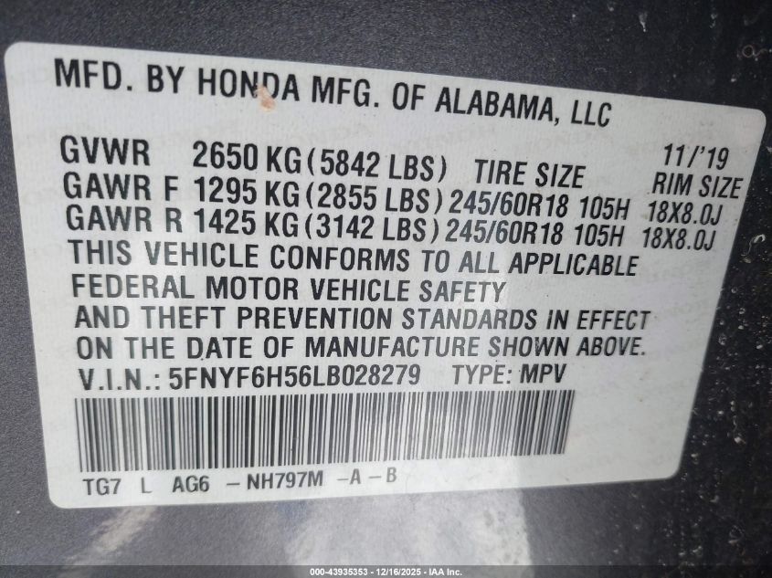 2020 Honda Pilot Awd Ex-L VIN: 5FNYF6H56LB028279 Lot: 43935353