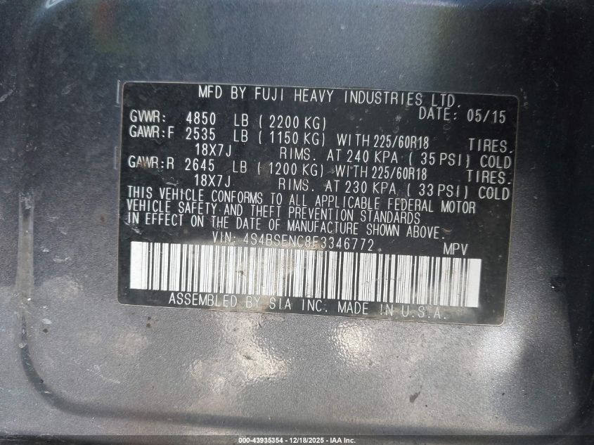 2015 Subaru Outback 3.6R Limited VIN: 4S4BSENC8F3346772 Lot: 43935354