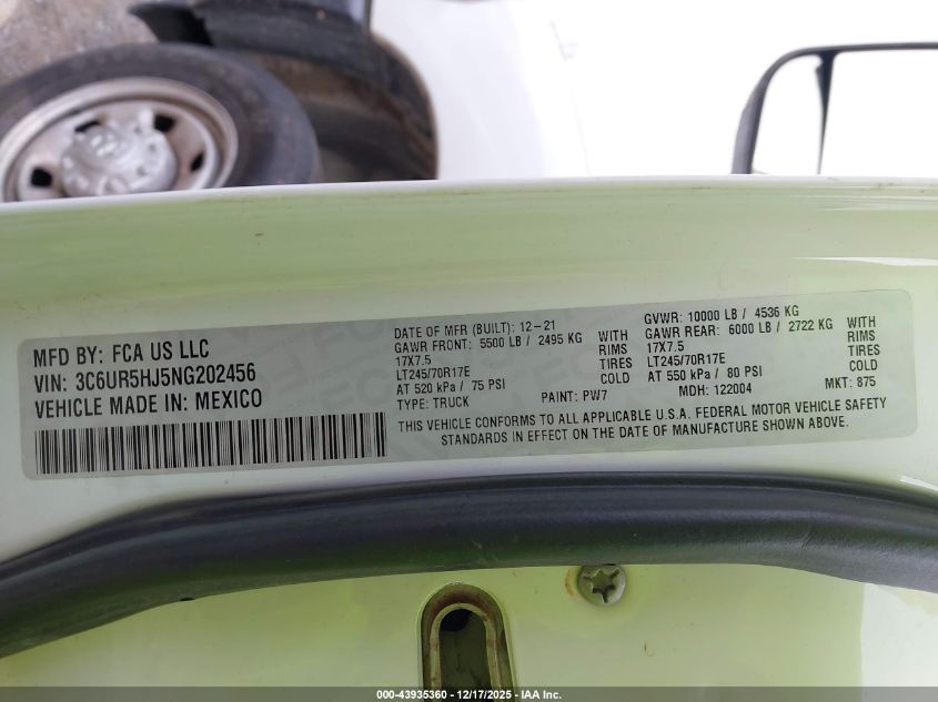 2022 Ram 2500 Tradesman 4X4 8' Box VIN: 3C6UR5HJ5NG202456 Lot: 43935360