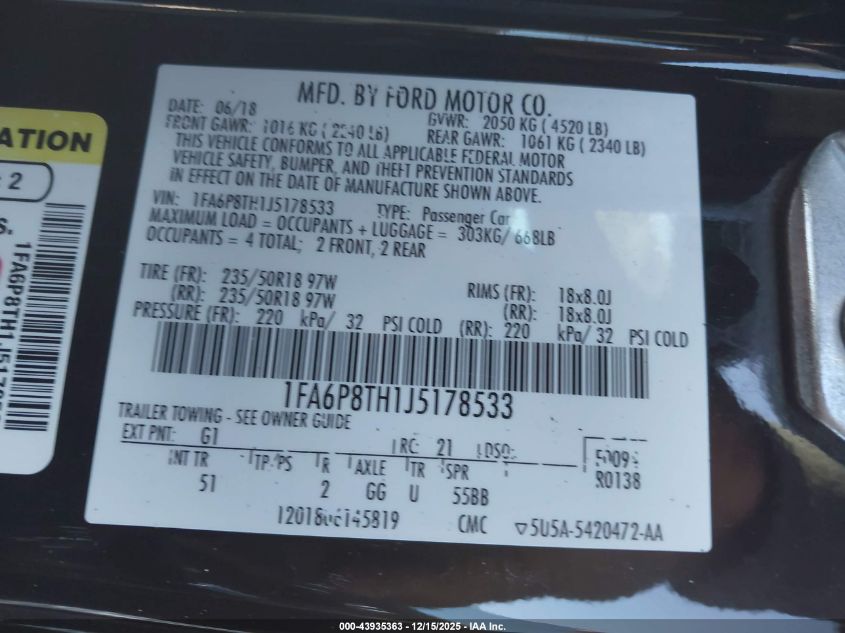 2018 Ford Mustang Ecoboost VIN: 1FA6P8TH1J5178533 Lot: 43935363